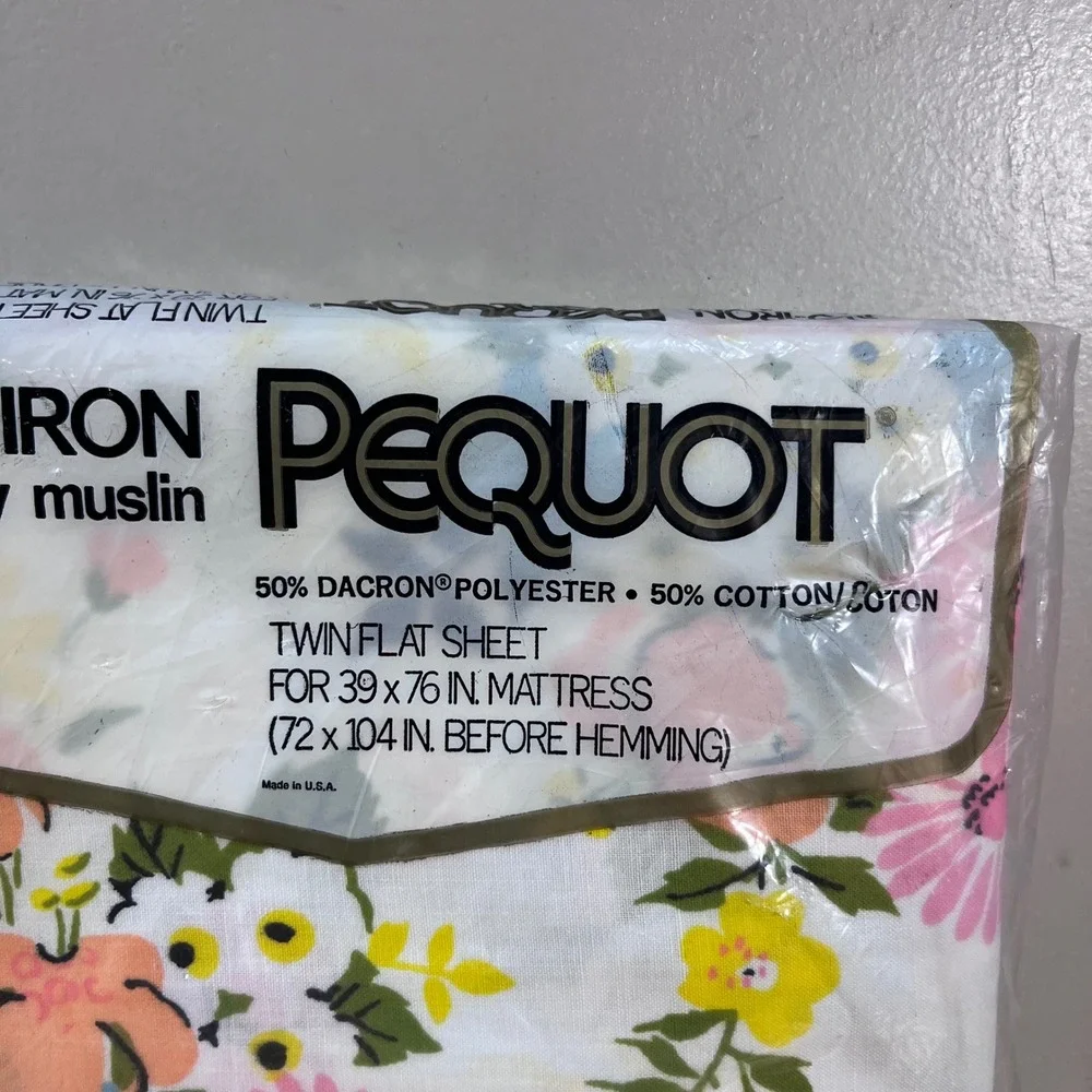 Vtg Pequot Twin Flat Sheet No-Iron Luxury Muslin Floral Pink Yellow Blue USA NEW